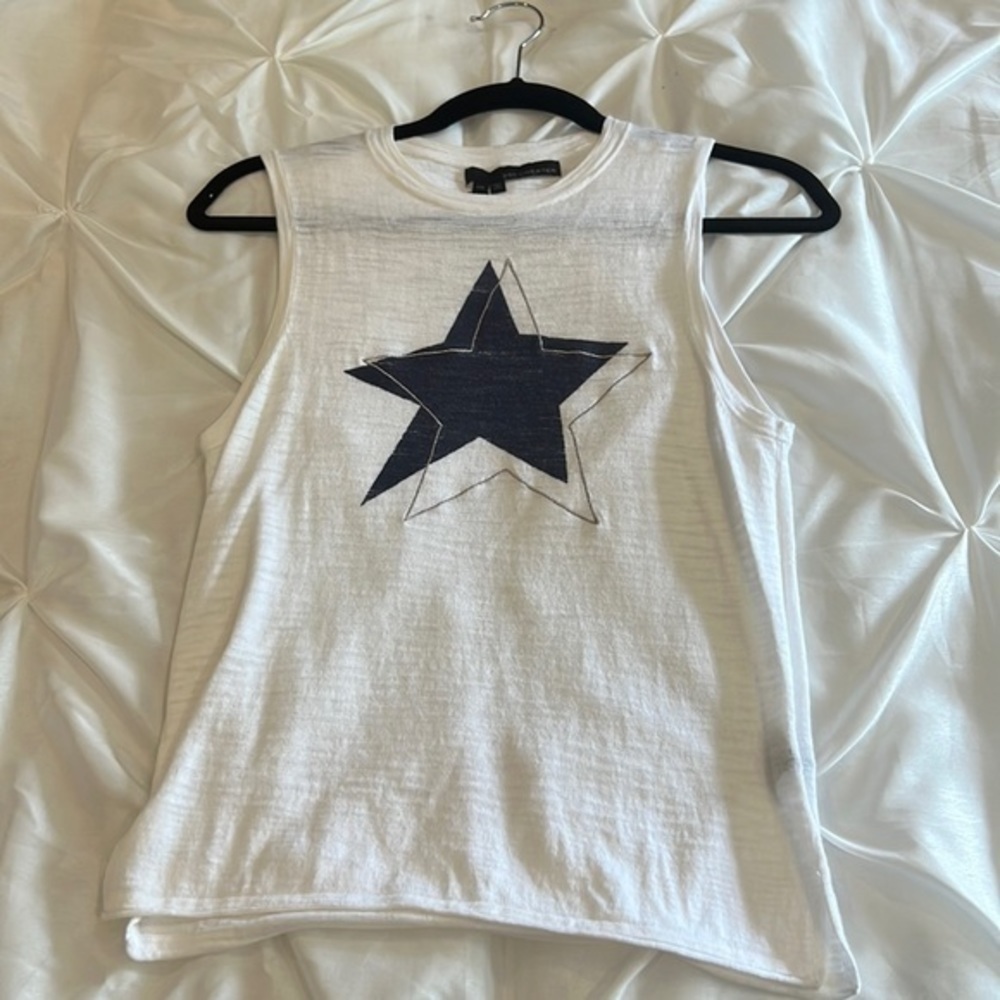 360 sweater white sleeveless t-shirt with blue and foil silver star size XS - Picture 2 of 5